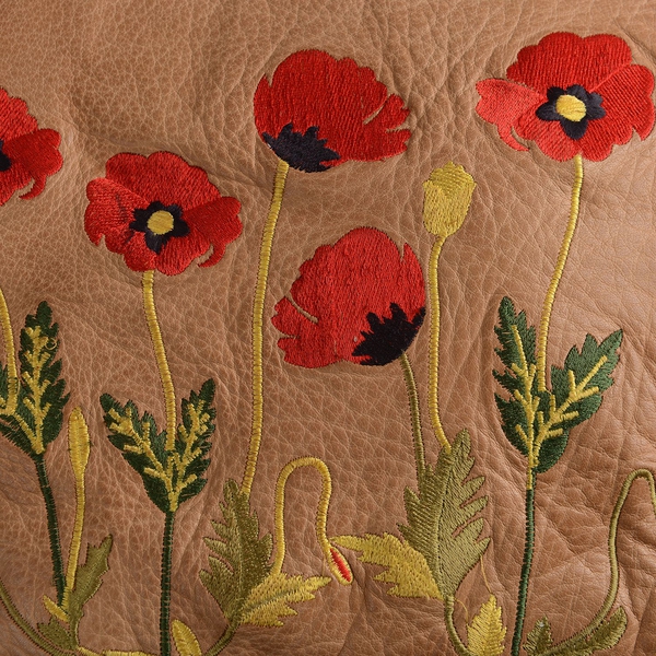 Genuine Leather Floral Embroidered Tan Colour Handbag