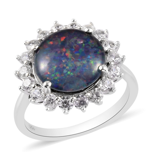 Australian Boulder Opal and Natural Cambodian Zircon Halo Ring in Platinum Overlay Sterling Silver 4