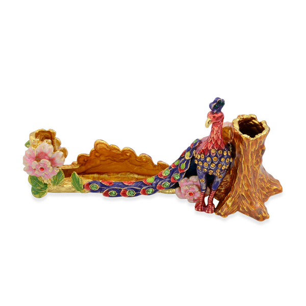 Purple, Red and Multi Colour Enameled Peacock Pen and Card Holder in Gold Tone with Multi Colour Aus