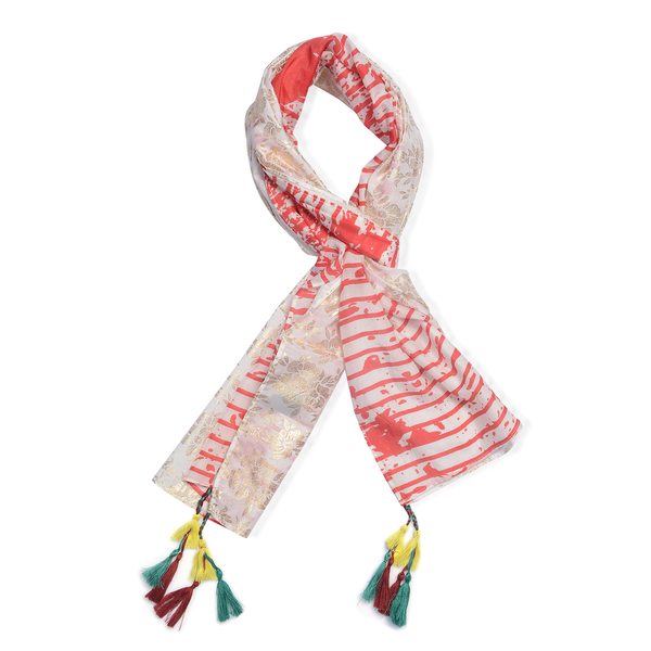 85% Cotton 15% Silk Red, Gold and White Colour Flower Pattern Scarf with Tassels (Free Size)