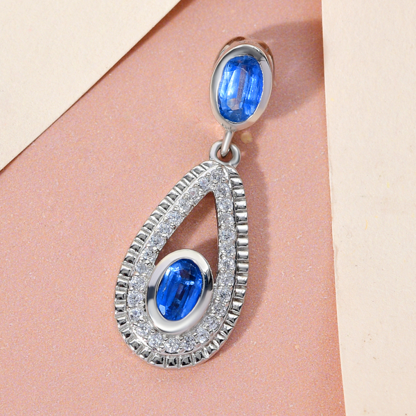 Kashmir Kyanite and Natural Cambodian Zircon Pendant in Platinum Overlay Sterling Silver 1.56 Ct.
