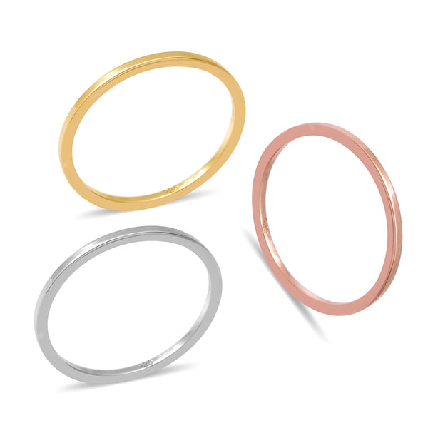 Set of 3 - Tricolour Gold Overlay Sterling Silver Band Ring