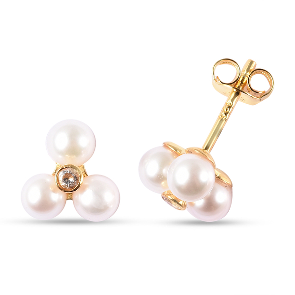 Japanese Akoya Pearl and Natural Cambodian Zircon Earrings (with Push Back) in Yellow Gold Overlay Sterling Silver