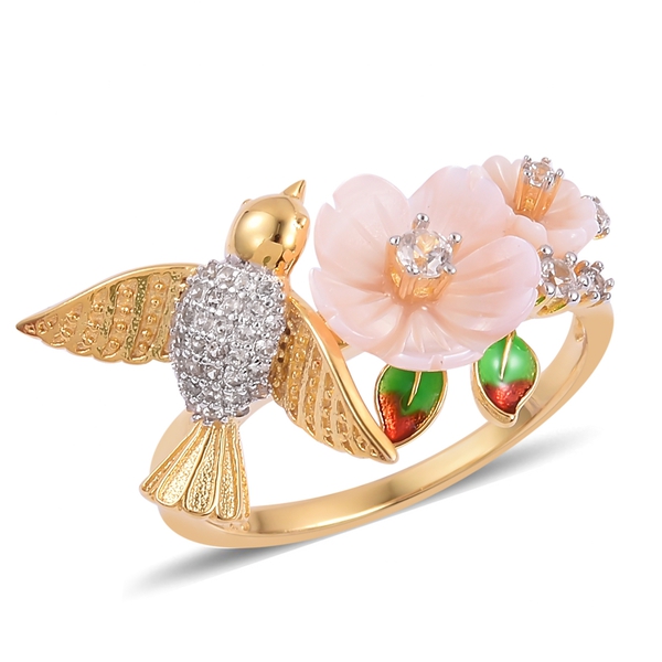Jardin Collection -Pink Mother of Pearl, Natural White Cambodian Zircon Hummingbirds Ring in Gold an