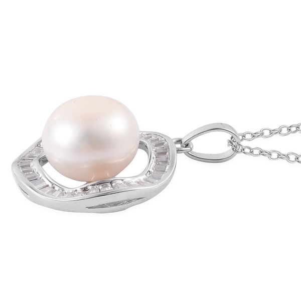 Fresh Water White Pearl and Simulated White Diamond Pendant With Chain in Rhodium Plated Sterling Silver 9.370 Ct.