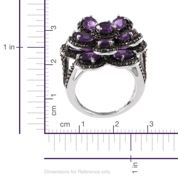 Amethyst (Rnd), Black Diamond Floral Ring in Platinum Overlay Sterling Silver 6.100 Ct.