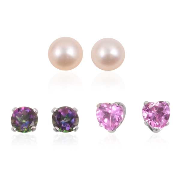 Set of 3 -  Mystic Topaz, Simulated Pink Sapphire and Pearl Stud Earrings in Sterling Silver 5.900 C