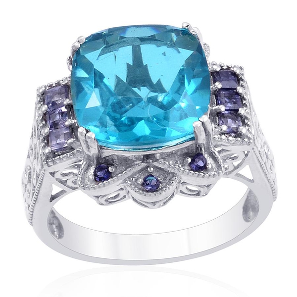 Designer Collection Capri Blue Quartz (Cush 5.75 Ct), Iolite Ring in Platinum Overlay Sterling Silve