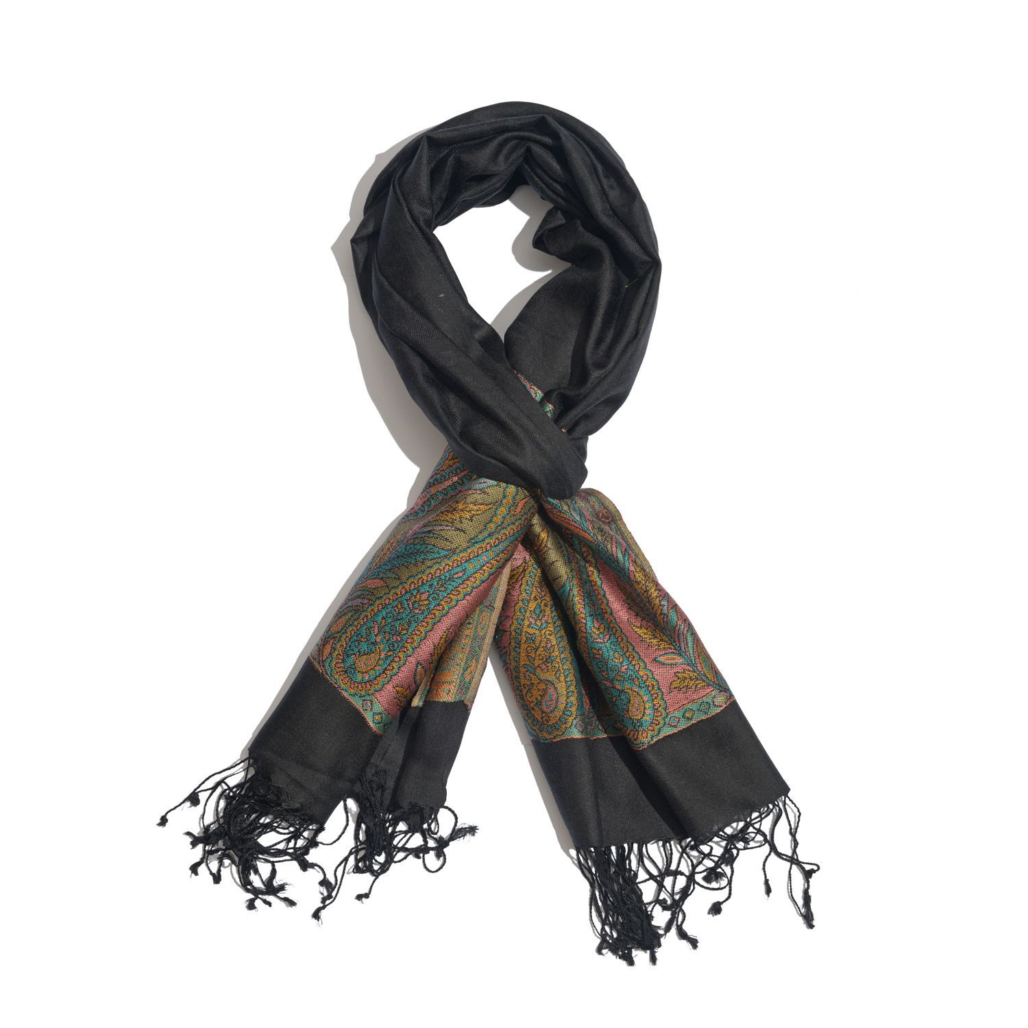 100% Superfine Silk Multi Colour Paisley Pattern Black Colour Jacquard Jamawar Scarf with Fringes (Size 180x70 Cm) (Weight 125-140 Grams)