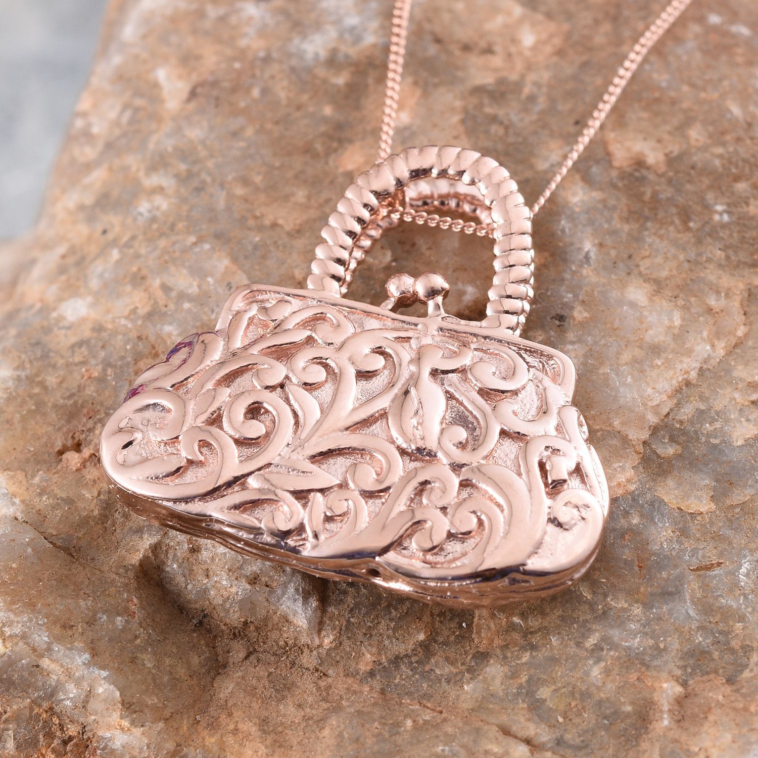 Stefy Pink Sapphire (Rnd) Purse Pendant With Chain in Rose Gold Overlay Sterling Silver