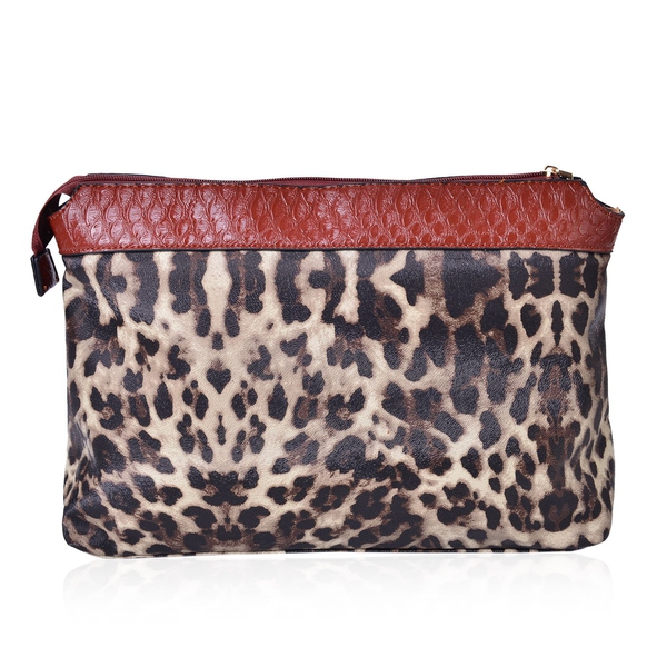 Set of 2 - Tan and Chocolate Colour Snake Embossed Handbag (Size 38X26X13 Cm) and Leopard Pattern Pouch (Size 32.5X23.5X12.5 Cm)