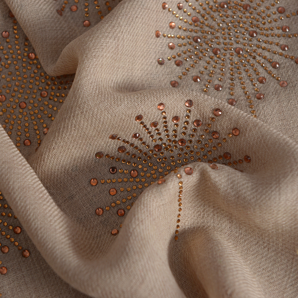New Zealand Super Fine Merino Wool and Silk Beige Colour Scarf Hand Stitched Sequin Work (Size 200x70 Cm)