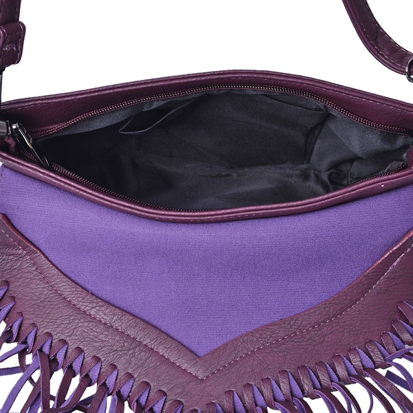Dark Purple Colour Crossbody Bag with Fringes and Adjustable, Removable Shoulder Strap (Size 26x18 Cm)