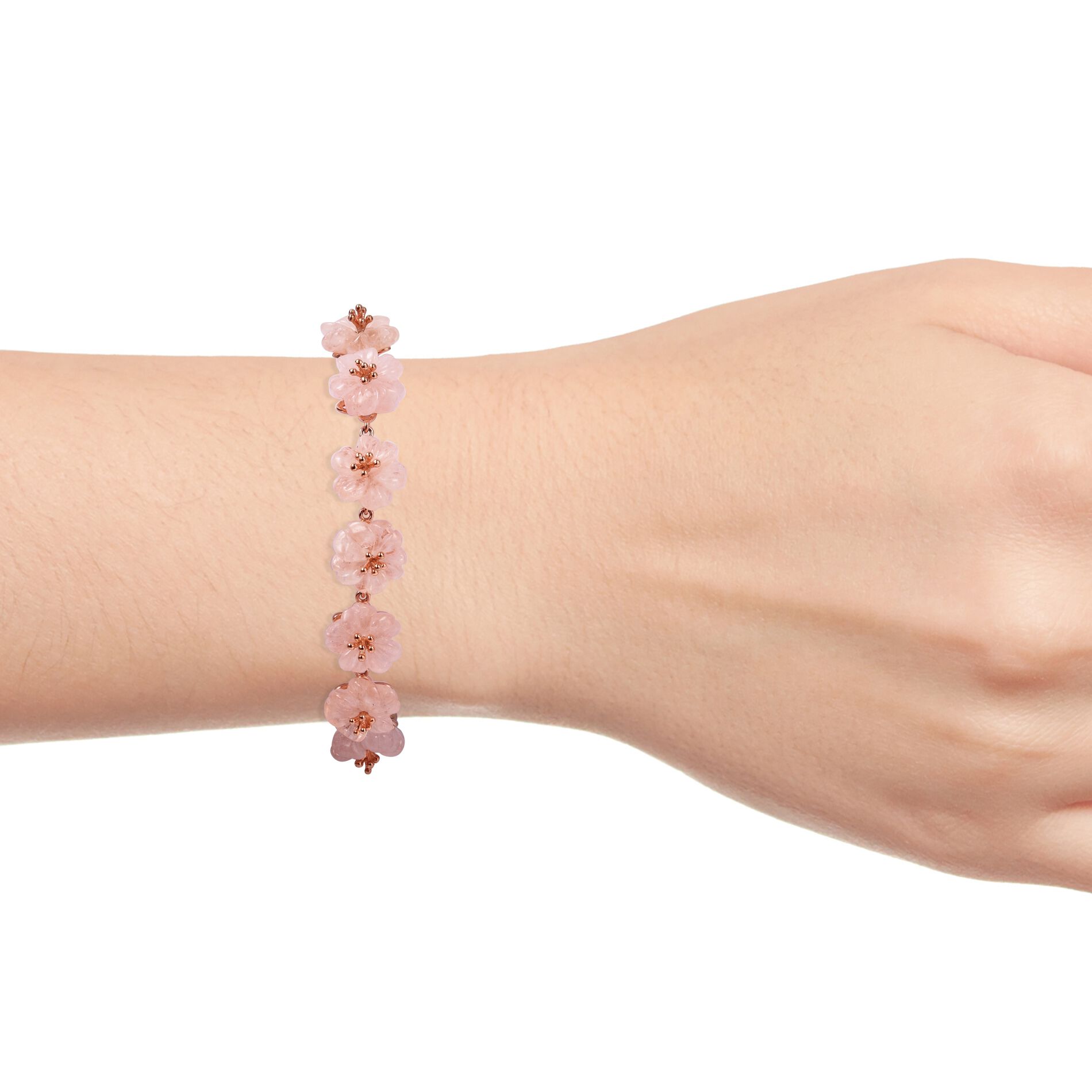 Jardin Collection-Extremely Rare Hand Carved Marropino Morganite Floral Bracelet (Size 6.5 to 8) in Rose Gold Overlay Sterling Silver 42.50 Ct.