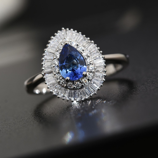 RHAPSODY 950 Platinum AAAA Ceylon Blue Sapphire (Pear), Diamond (VS-E-F) Ring 1.250 Ct. Metal wt 5.00 Gms.