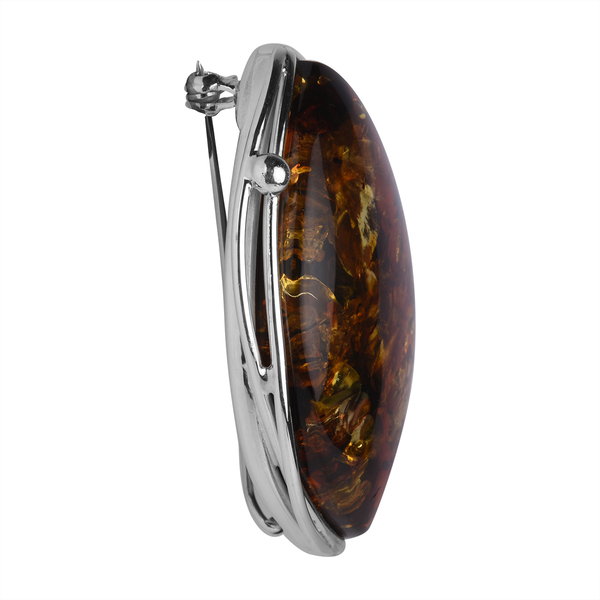 Natural Baltic Amber Brooch in Sterling Silver, Silver Wt. 9.80 Gms