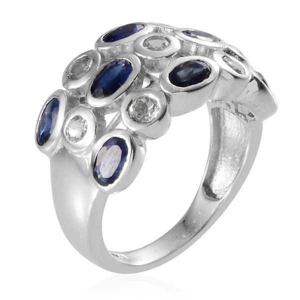 Kanchanaburi Blue Sapphire (Ovl), White Topaz Ring in Platinum Overlay Sterling Silver 3.250 Ct.
