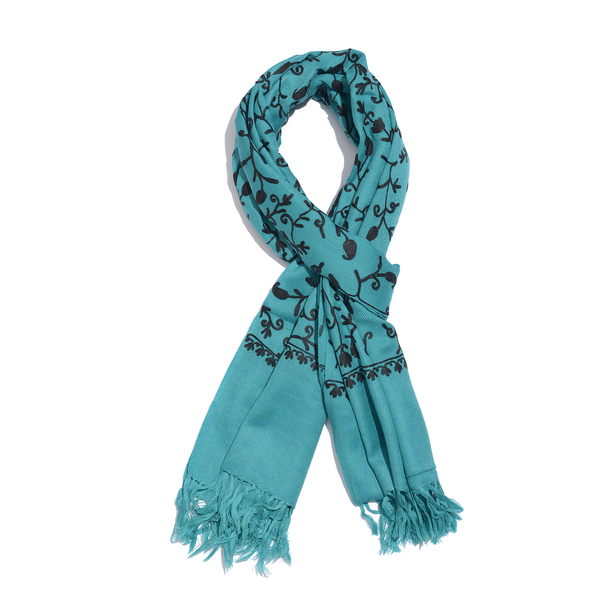 100% Merino Wool Turquoise and Black Colour Paisley and Leaves Embroidered Scarf with Tassels (Size 