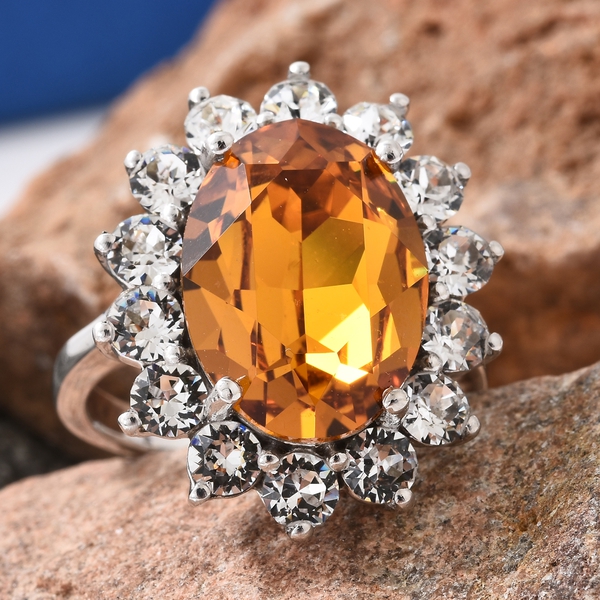 J Francis  - Imperial Topaz Colour Crystal (Ovl 18x13mm), White Crystal Ring in Platinum Overlay Sterling Silver,