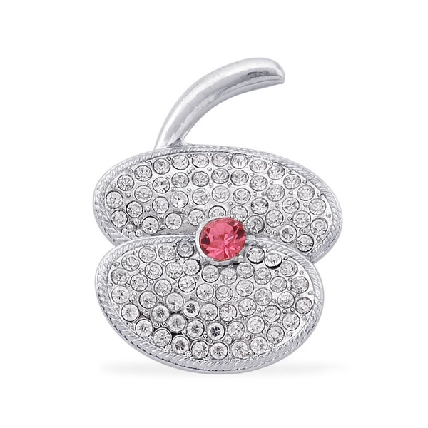 Simulated Pink Sapphire and White Austrian Crystal Flower Brooch in Silver Tone