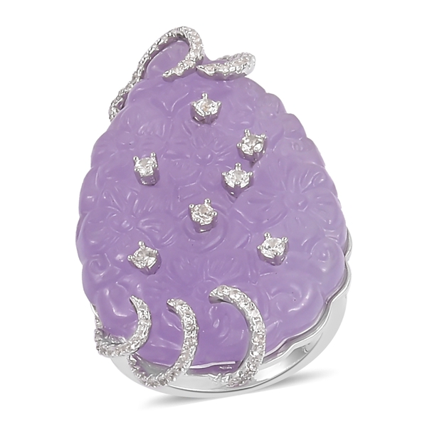 Purple Jade and Natural White Cambodian Zircon Ring in Rhodium Plated Sterling Silver 41.830 Ct. Num
