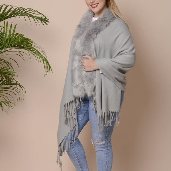 Designer Inspired Faux Fur Trimmed Cape - Silver Grey  (One Size; 170x77+10cm)