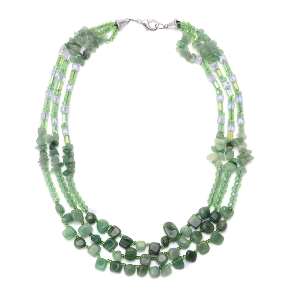 Green Aventurine, Simulated Peridot and Simulated White Diamond 3 Strand Necklace (Size 20) in Silve