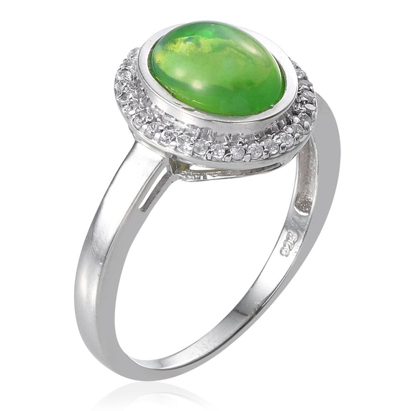 Green Ethiopian Opal (Ovl 1.00 Ct), Natural Cambodian Zircon Ring in Platinum Overlay Sterling Silver 1.250 Ct.
