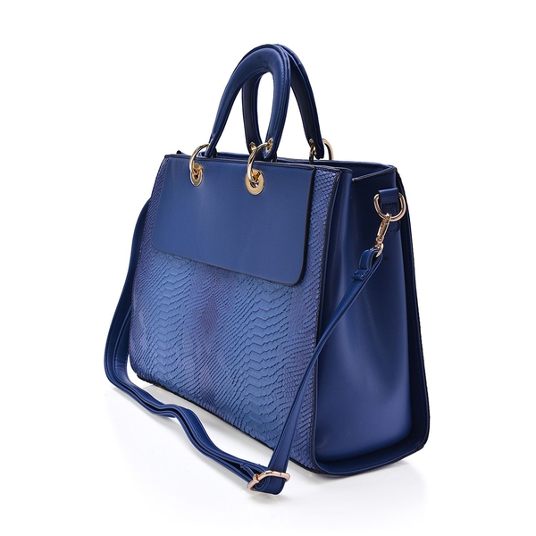 Blue Colour Snake Embossed Tote Bag with Adjustable and Removable Shoulder Strap (Size 37x27x13 Cm)