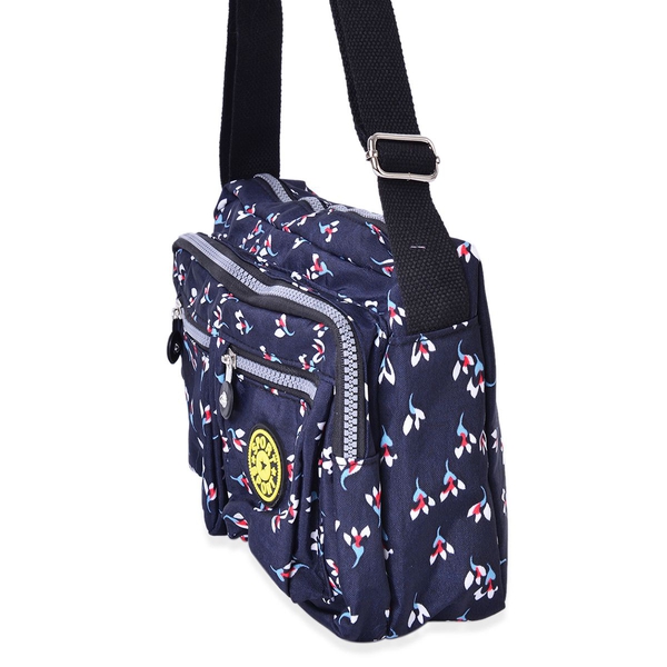 Navy, Black and Multi Colour Floral Pattern Multi Pocket Waterproof Crossbody Bag with Adjustable Shoulder Strap (Size 27X18X9 Cm)