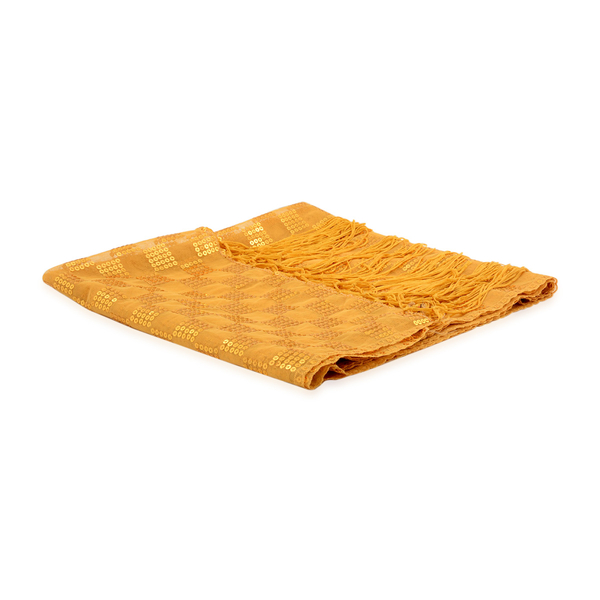 Gold Colour Check Pattern Sequin Scarf (Size 55x160 Cm)