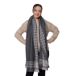 Close Out Deal LA MAREY Super Soft 100% Wool Shawl in Dark Grey Houndstooth Border Pattern with Tassels (200x70+5cm)