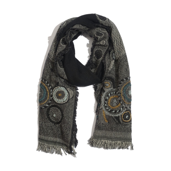 Designer Inspired 100% Merino Wool Multi Colour Paisley and Floral Embroidered Black Colour Scarf (Size 180x70 Cm)