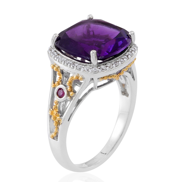 Lusaka Amethyst (Cush 8.00 Ct), Ruby and Natural White Cambodian Zircon Ring in Rhodium Plated Sterling Silver 8.500 Ct. Silver wt 5.50 Gms.