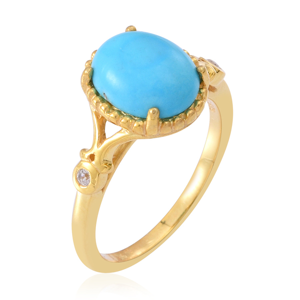Arizona Sleeping Beauty Turquoise (Ovl), Natural White Cambodian Zircon Ring in 14K Gold Overlay Sterling Silver 2.750 Ct.