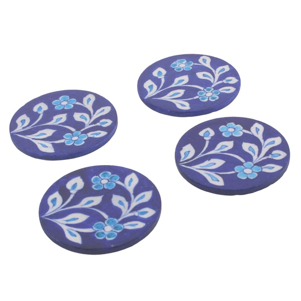 Jaipur Blue - Set of 4 Handprinted Ceramic Coasters (D-10Cm) - Blue & Light Blue