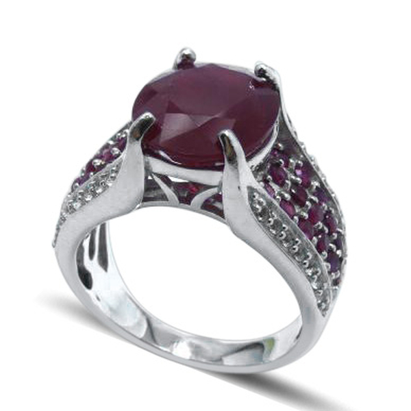 AAA African Ruby (Ovl 6.50 Ct), Ruby and White Topaz Ring in Rhodium Plated Sterling Silver 8.000 Ct
