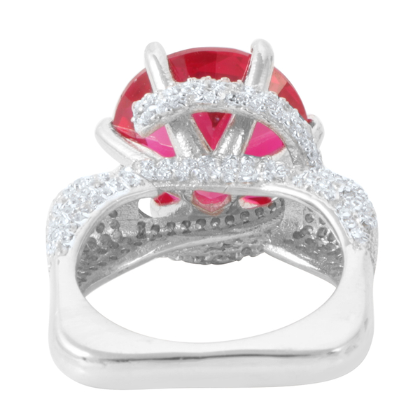 AAA Simulated Pink Sapphire (Rnd), Simulated Diamond Ring in Rhodium Plated Sterling Silver