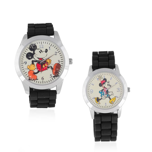 2 Piece Set - Retro Disney Mickey and Minnie Watch Set with Black Colour Strap