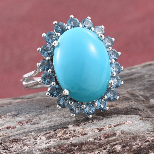 Arizona Sleeping Beauty Turquoise (Ovl 5.50 Ct), London Blue Topaz Flower Ring in Platinum Overlay Sterling Silver 7.250 Ct.