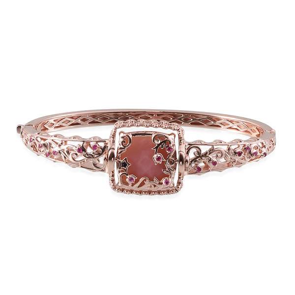GP Peruvian Pink Opal (Cush 15.25 Ct), Ruby and Kanchanaburi Blue Sapphire Interchangeable Bangle (Size 7.5) in Rose Gold Overlay Sterling Silver 15.500 Ct.