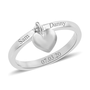 Personalised Engrabable Platinum Overlay Sterling Silver Band Ring with Heart Charm