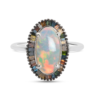 Ethiopian Welo Opal and Multi Diamond Ring in Platinum Overlay Sterling Silver 1.96 Ct.