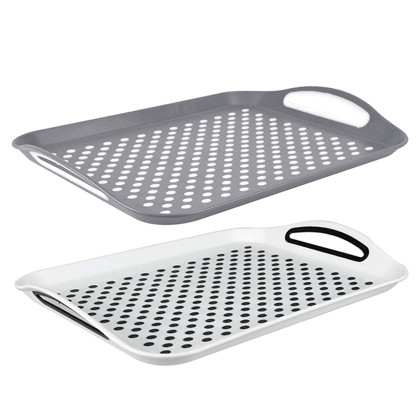 Set of 2 Rectangular Non Skid Rubber Grip Serving Tray (Size 45x32 Cm) - White & Grey
