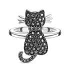 Black Diamond Cat Ring (Size V) in Black and Platinum Overlay Sterling Silver