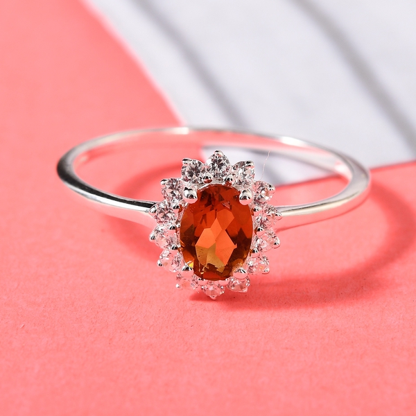 AA Red Citrine and Natural Cambodian Zircon Halo Ring in Sterling Silver 1.16 Ct.