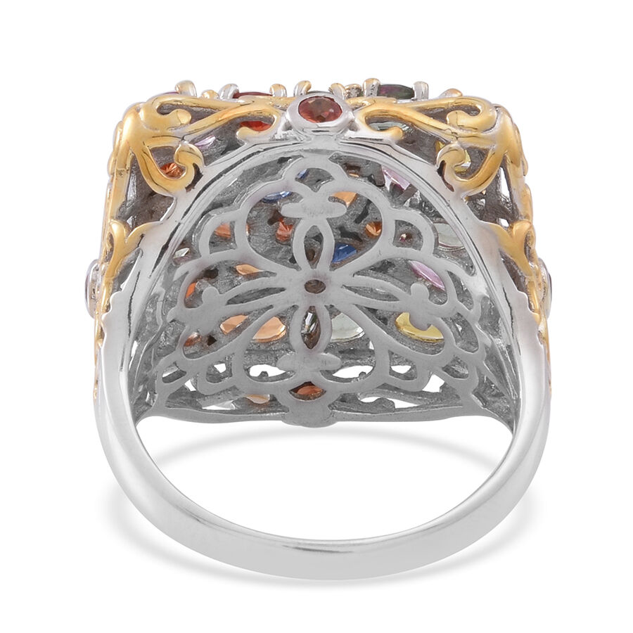 Sunset Sapphire (Ovl), Orange Sapphire, Green Sapphire, Pink Sapphire, Yellow Sapphire, Madagascar Blue Sapphire and Multi Gem Stone Ring in Rhodium Plated Sterling Silver 5.470 Ct.
