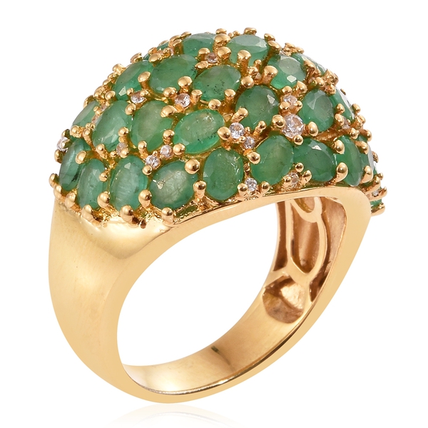 Kagem Zambian Emerald (Ovl), Natural Cambodian Zircon Cluster Ring in 14K Gold Overlay Sterling Silver 5.500 Ct.