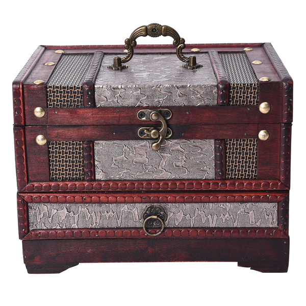 3 Layer Floral Pattern Wooden Jewellery Box with Inside Mirror, Top Removable Tray, Lock and Handle - Silver
