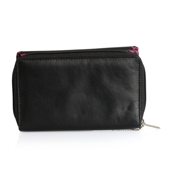 Luxury Top Grain Genuine Leather RFID Blocker Braided Black and Fuchsia Colour Ladies Wallet (Size 17.5x11x3.5 Cm)